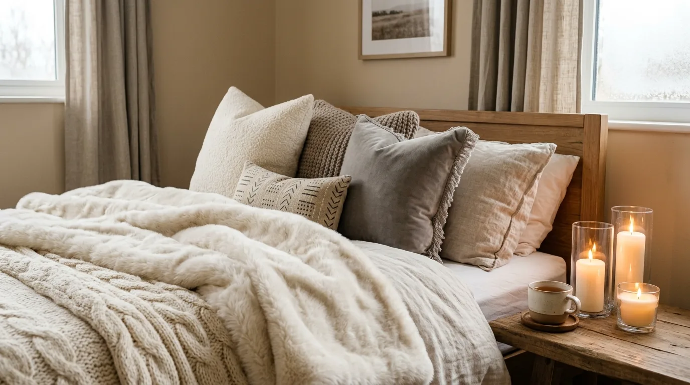Use heavier throws to add warmth and visible softness inspiration for a winter bedroom.